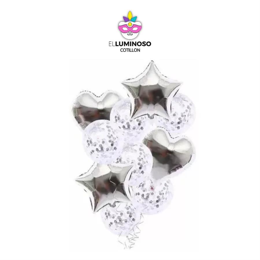 KIT 10 GLOBOS KONFETTI Y FORMAS PLATEADO