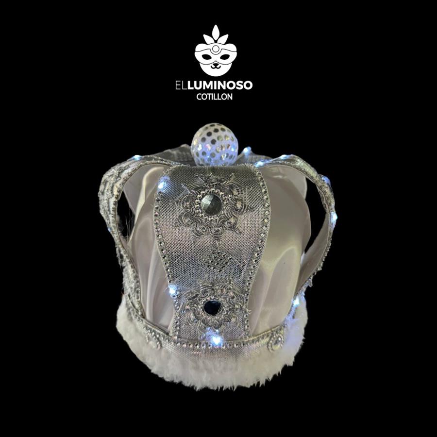 CORONA REY LUJO POMPON LED PLATEADO