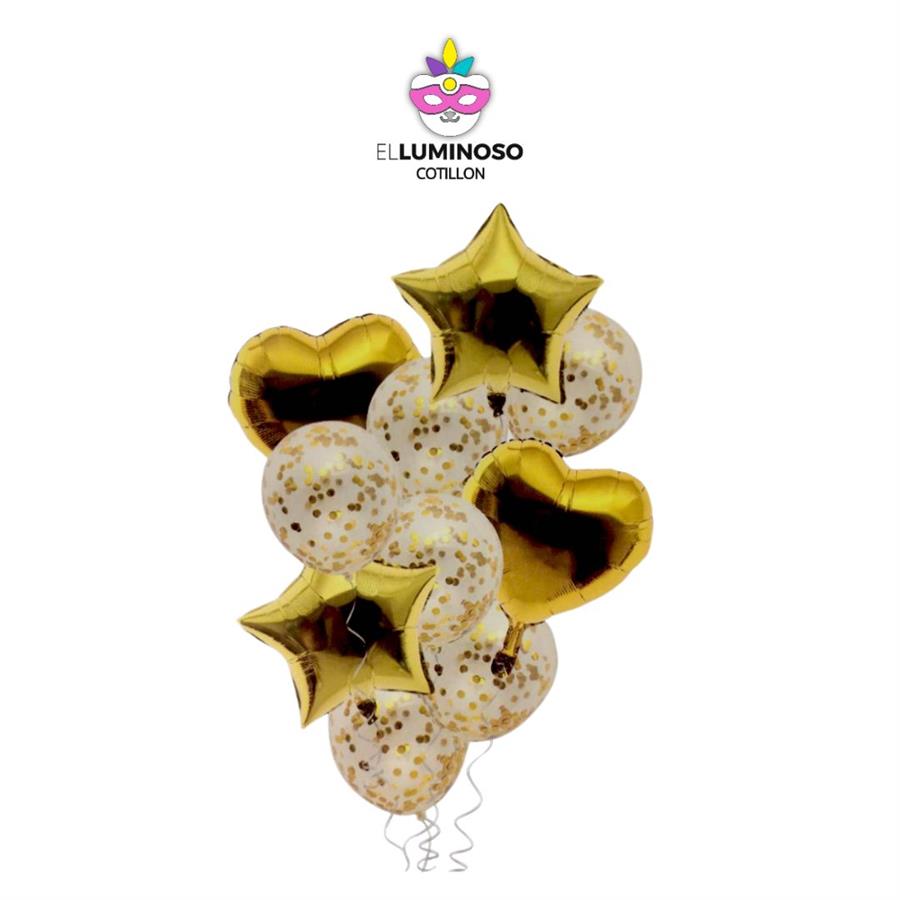 KIT 10 GLOBOS KONFETTI Y FORMAS DORADO