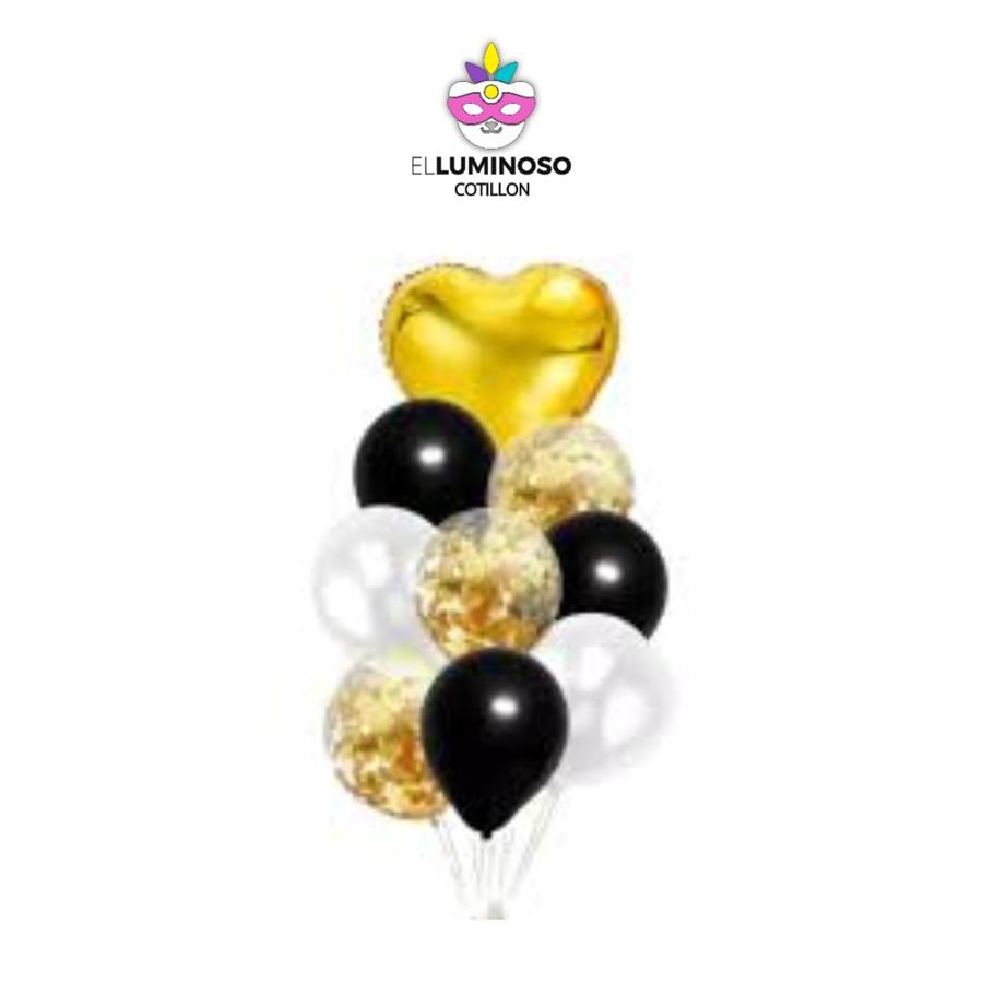 KIT 9 GLOBOS NEGROS C/CORAZON DORADO