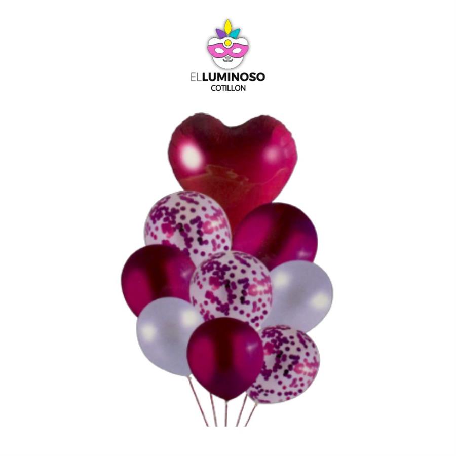 KIT 9 GLOBOS C/CORAZON FUCSIA
