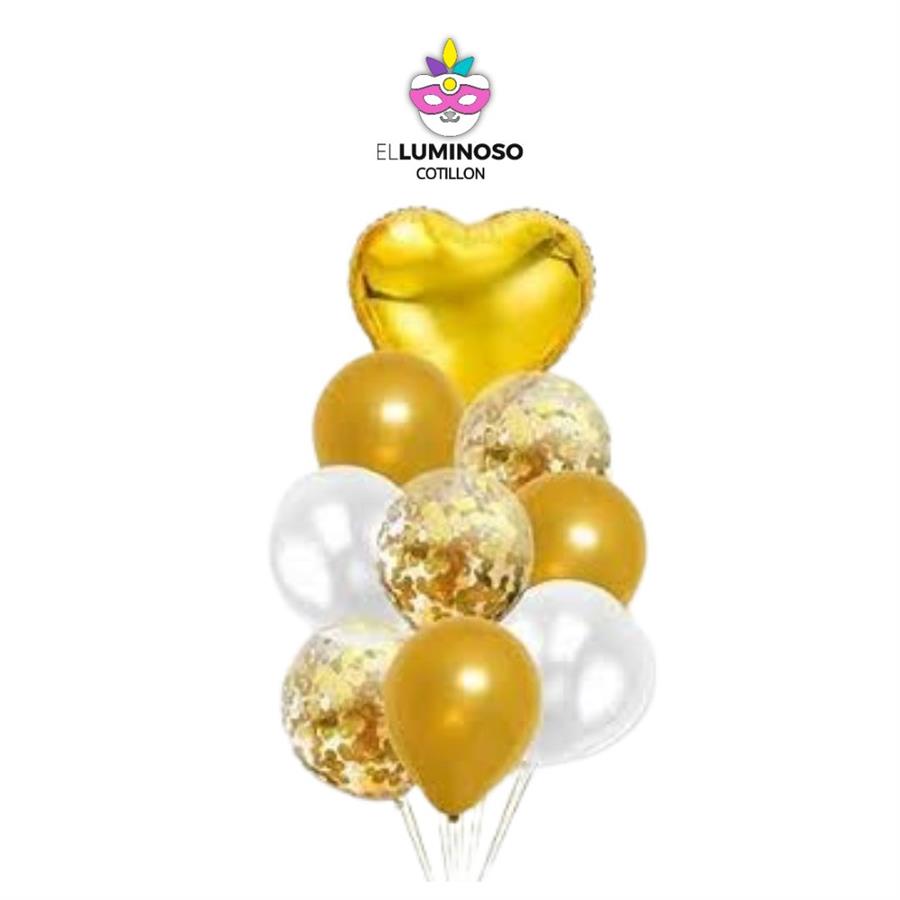 KIT 9 GLOBOS DORADOS C/CORAZON DORADO