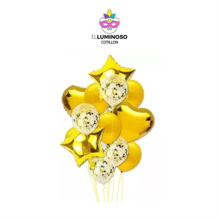 KIT 14 GLOBOS KONFETTI DORADO