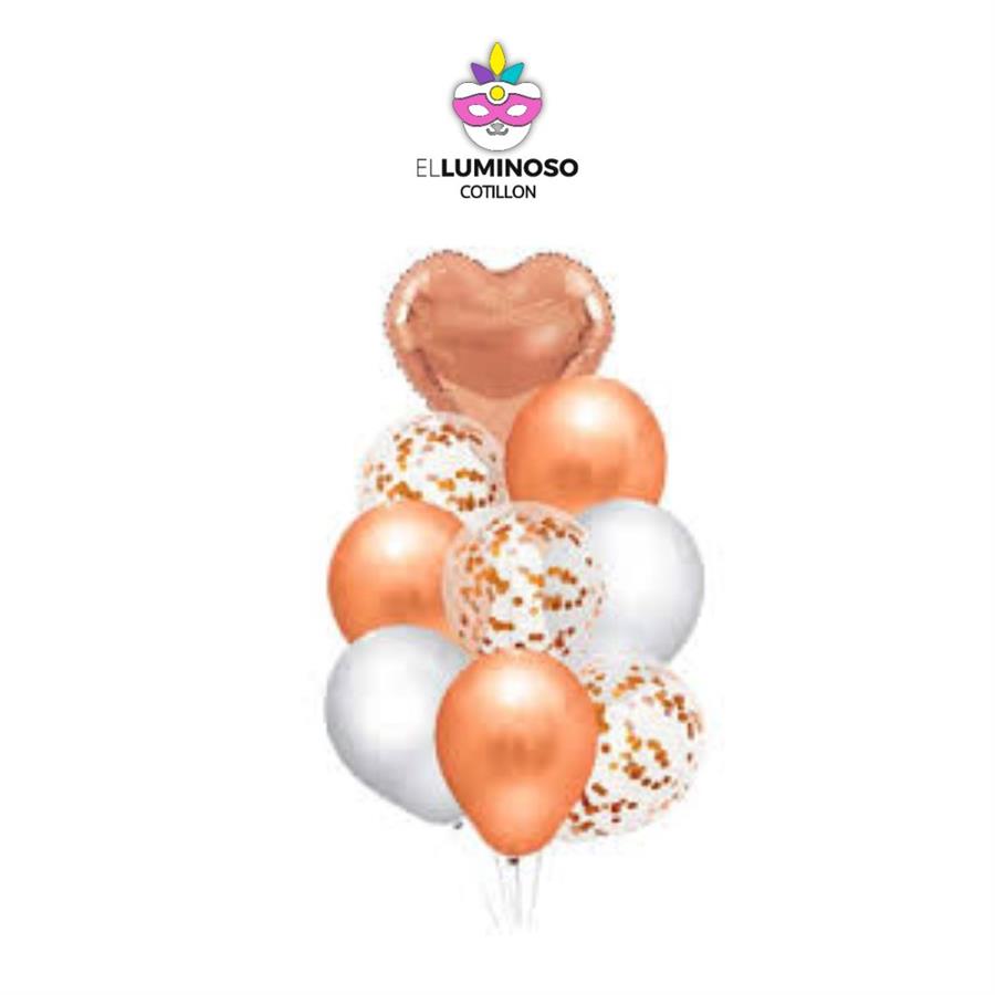 KIT 9 GLOBOS C/CORAZON ROSA GOLD