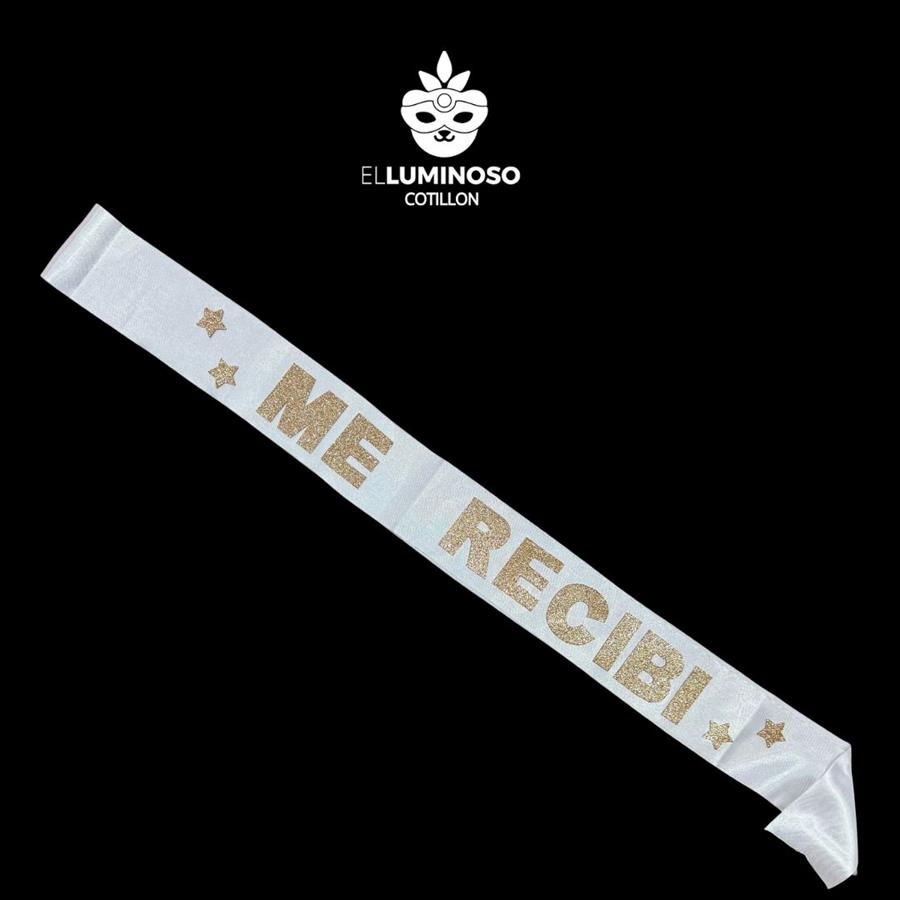 BANDA ME RECIBI BLANCA LETRAS ROSA GOLD